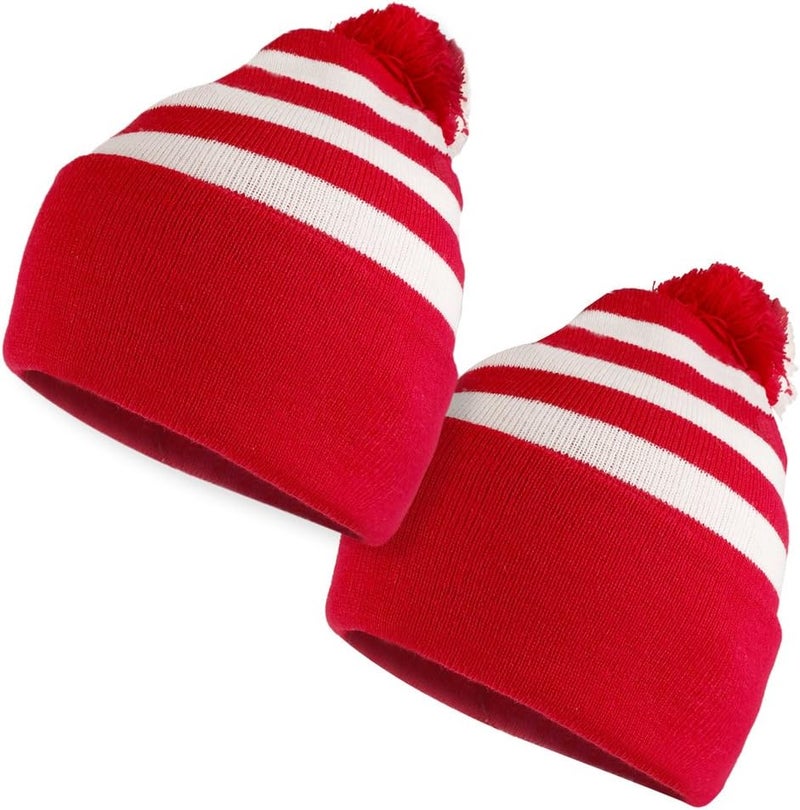 Armycrew Red White Striped Pom Pom Cuff Beanie Hat - Image 1